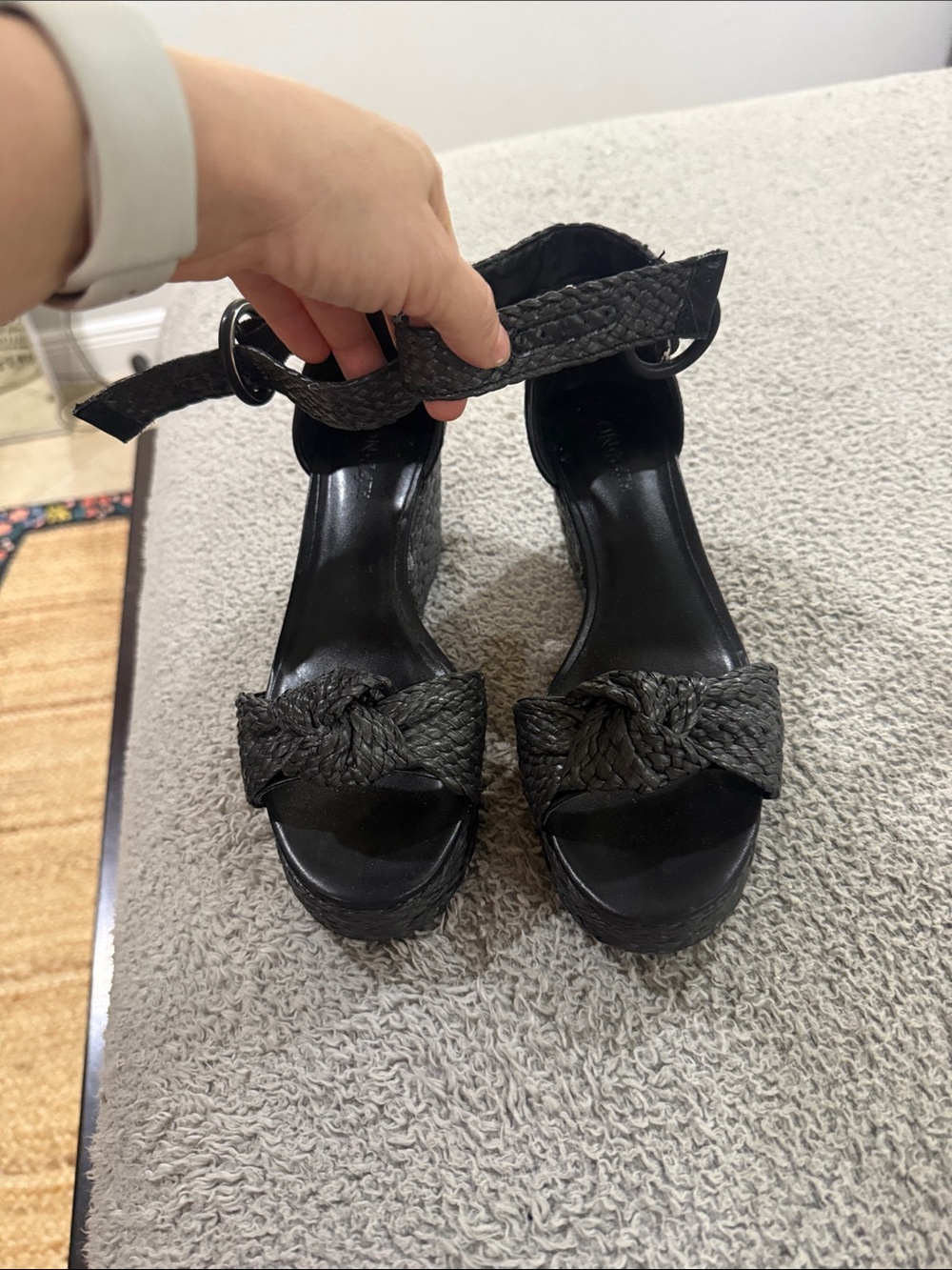 Woven Braided Ankle-Strap Wedge Sandals - Black